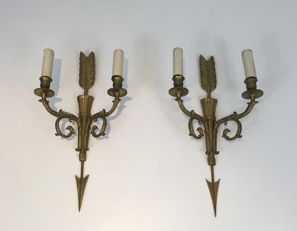 Pair of Tall Bronze Sconces with Quiver, Arrow and Eagleheads