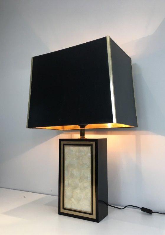 Tall Lacquered Wood Gild and Nacre Table Lamp. French Work. Circa 1970