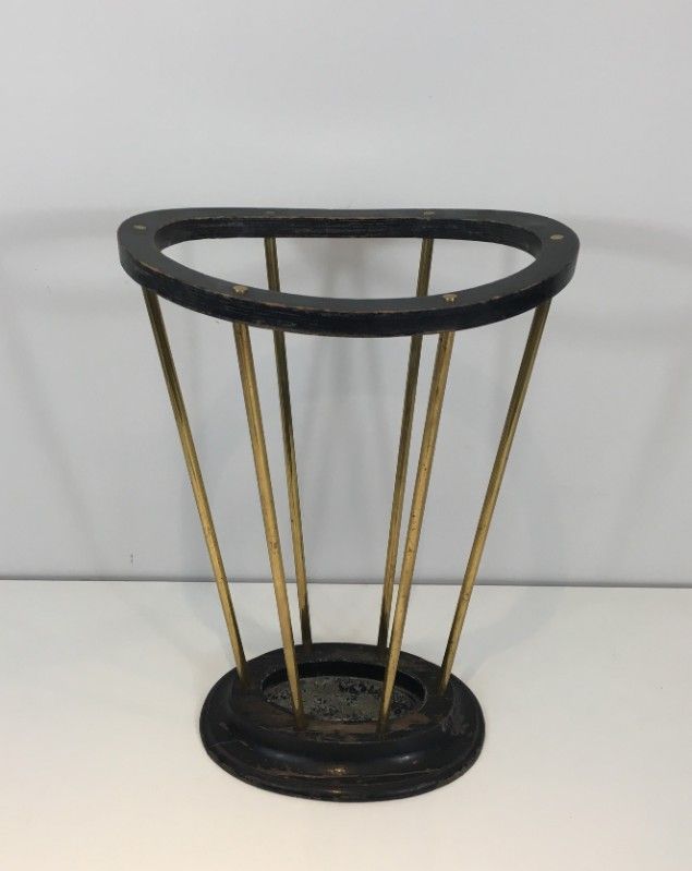 Ebonised Wood and Brass Umbrella Stand Attributed to Jacques Adnet