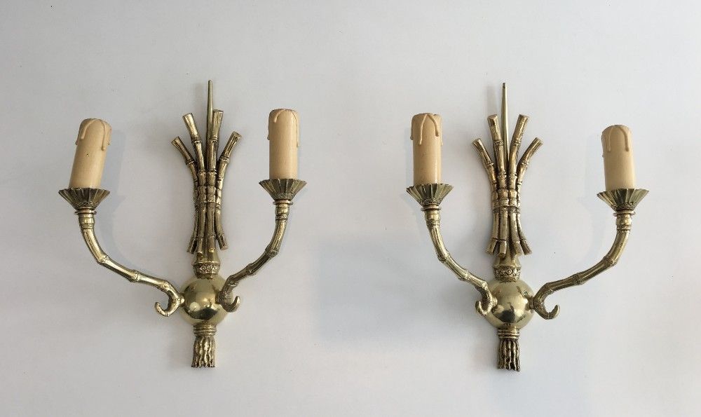 Rare Paire d'Appliques en Bronze façon Faux-Bambou