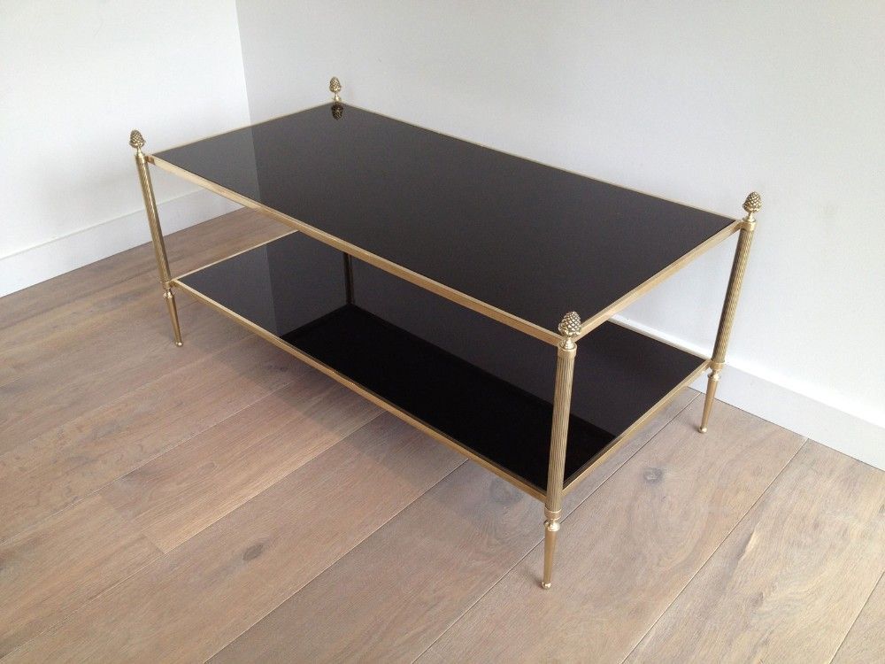 Neoclassical Style Coffee Table in Bronze, Brass with Black Lacquered Glass Shelves by Maison Baguès