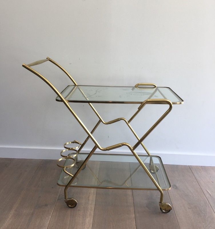 Interesting Italian Design Brass and Engraved Glass Drinks Trolley