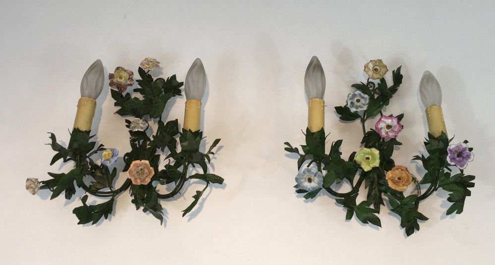 Pair of Decorative Iron Sconces with Porcelain Flowers