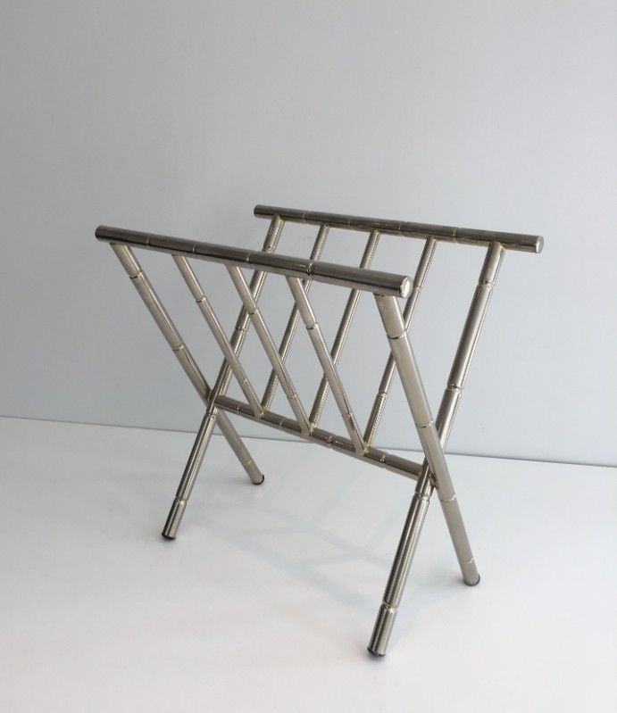 Faux-Bamboo Nickel Magazine Rack in the style of Jacques Adnet