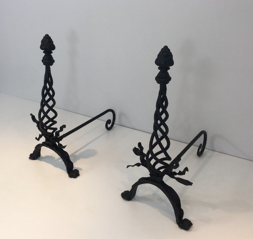 Pair of Twisted Wrought Iron Andirons with Finials