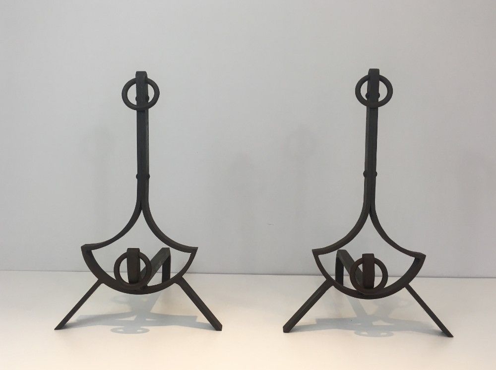 Pair of  Modernist Wrought Iron Andirons