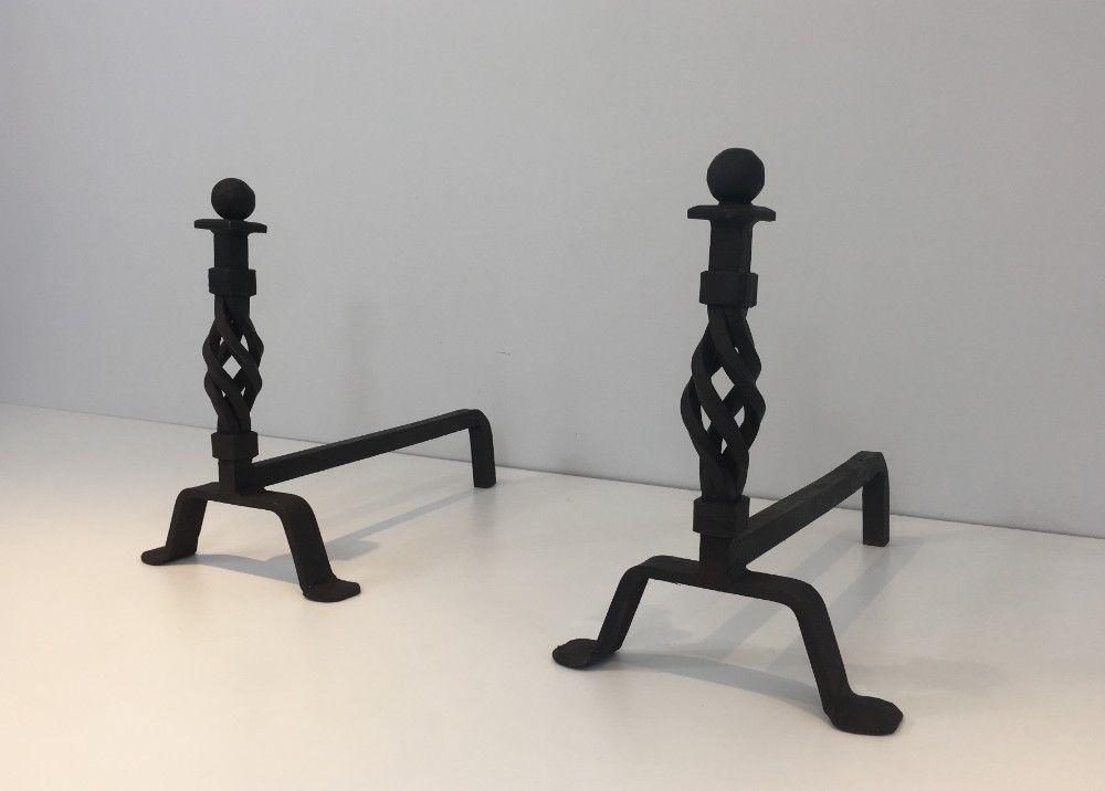 Pair of  Twisted Wrought Iron Andirons