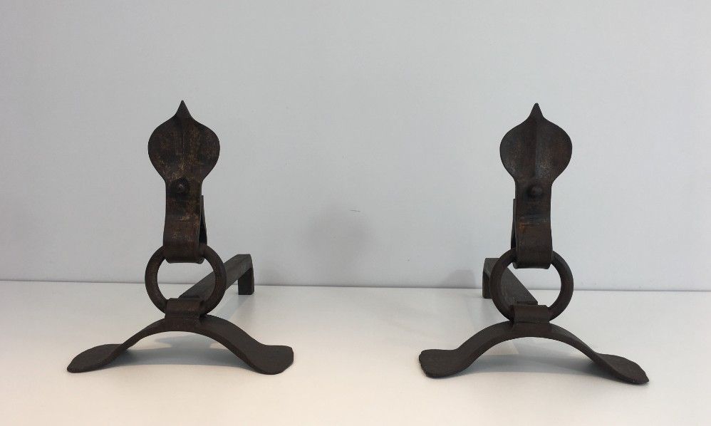 Pair of Modernist Wrought Iron Andirons