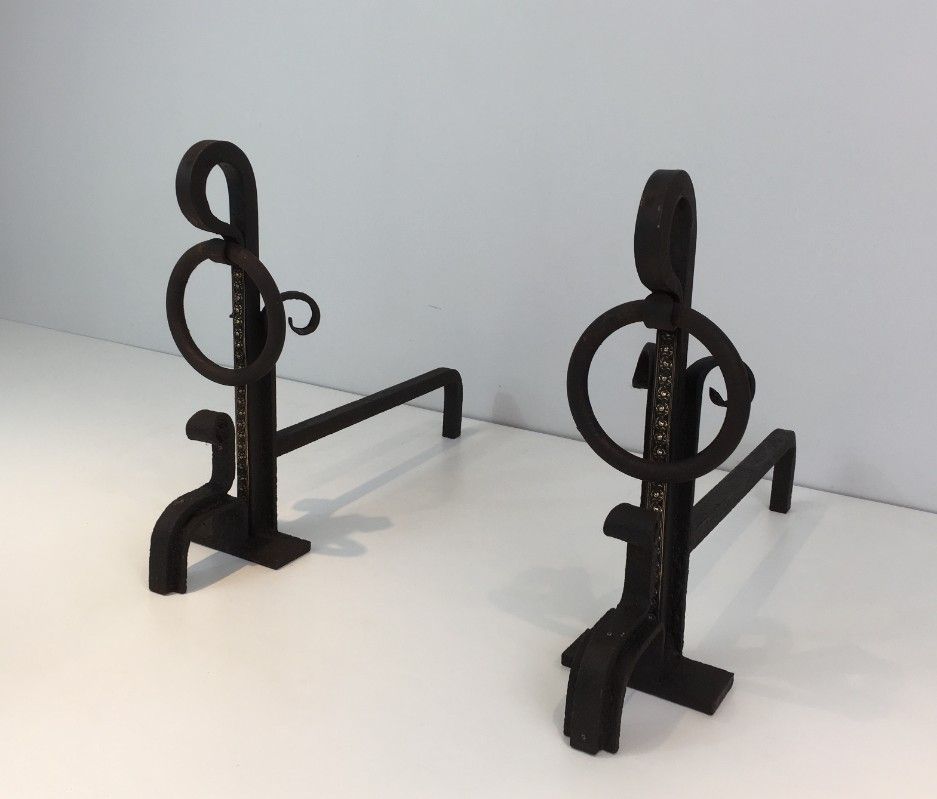 Pair of Arts & Crafts Wrought Iron and Brass Andirons