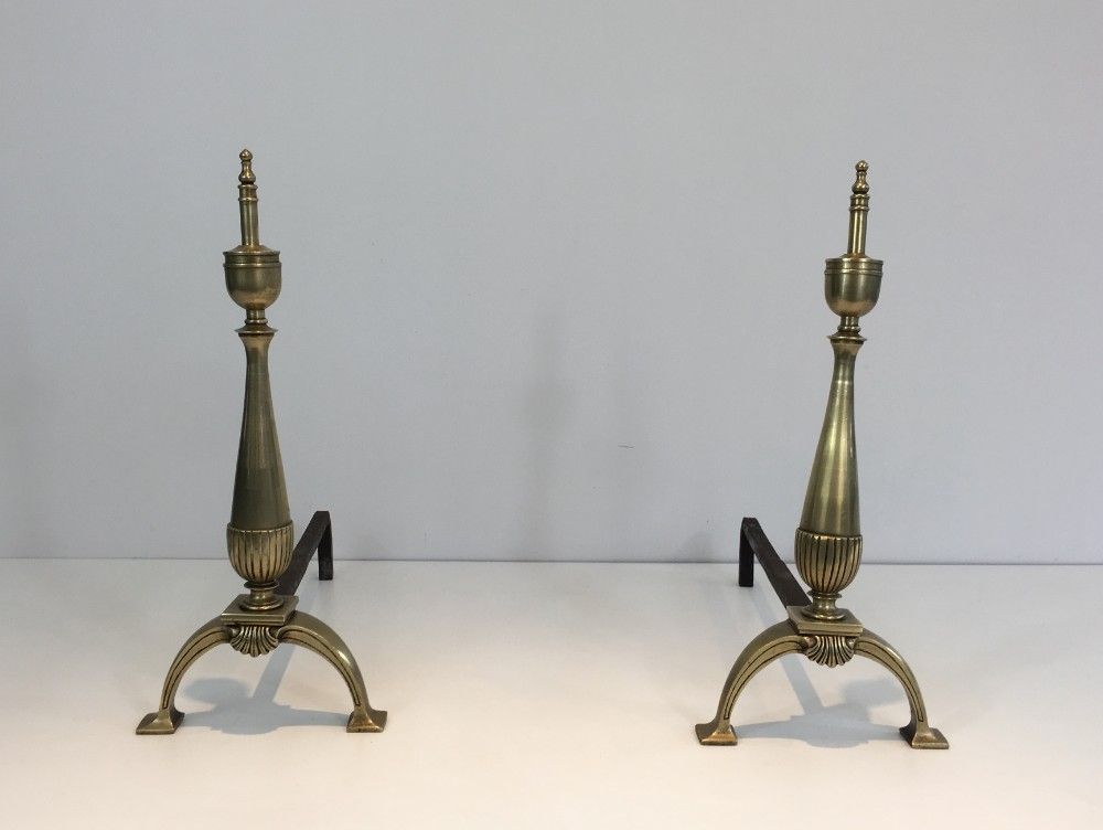 Pair of Neoclassical Brass and Wrought Iron Andirons