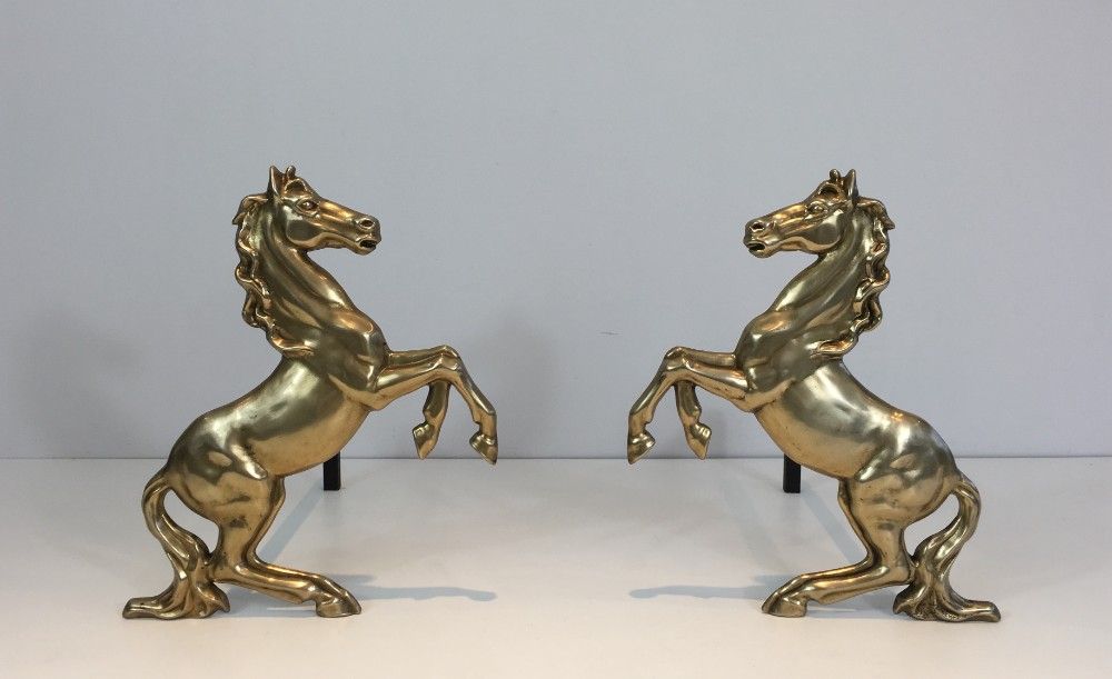 Pair of Brass Horses Andirons