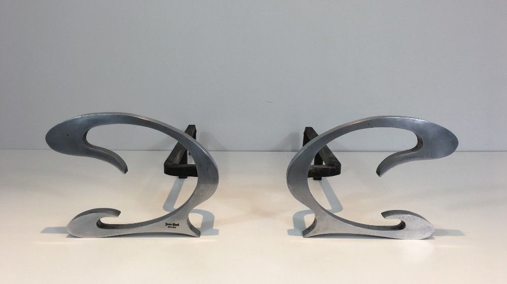 Pair of Design Brushed Steel and Iron Andirons - Jean-Paul Créations