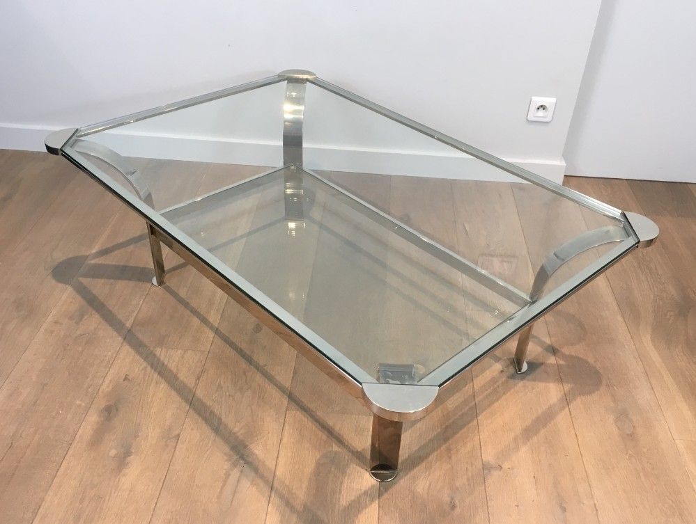 Importante Table Basse Design en Chrome et Plateaux de Verres