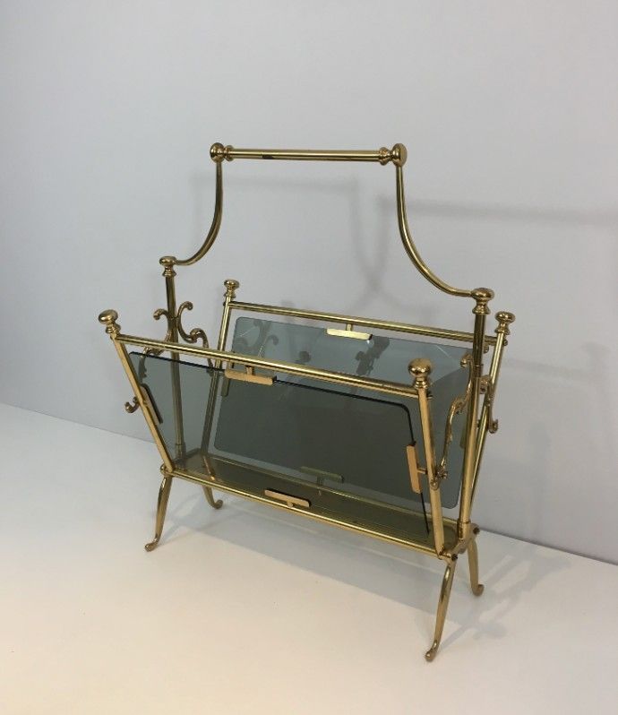 Neoclassical Brass Magazine Rack with Blueish Glass Panels