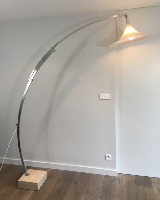 Rare Arco Style Floor lamp in Brushed Aluminium, Conical White Plastic Reflector and Square Marble Base