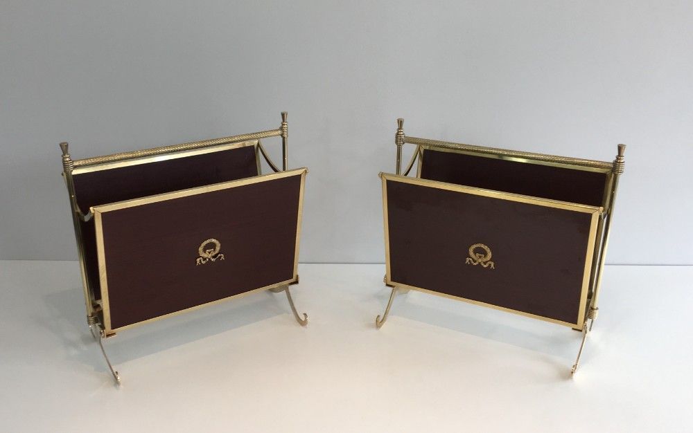 Pair of Mahogany and Brass Magazine Racks Attributed to Maison Jansen