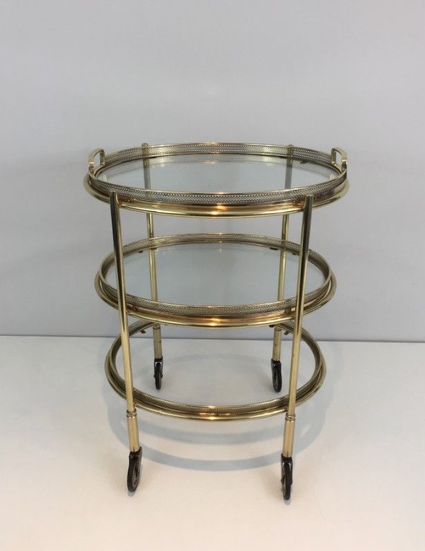 Delicate Neoclassical Oval Brass Trolley with 3 Removable Shelves