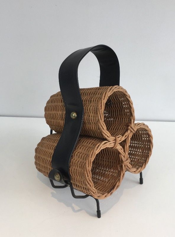 Rattan, Black lacquered Metal and Faux-leather Bottles Rack