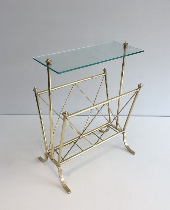 Neoclassical Style Brass and Glass Magazine Rack by Maison Jansen