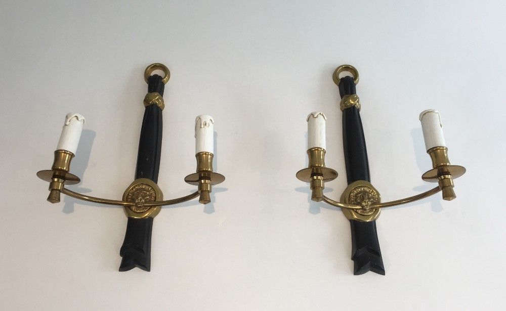 Pair of Bronze and Black Lacquered Sconces with Lion Heads