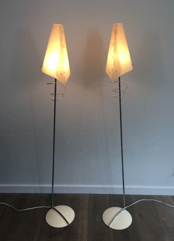 Pair of Design Floor lamps in Chrome, with white Lacquered Bases & Design Plastic Shades