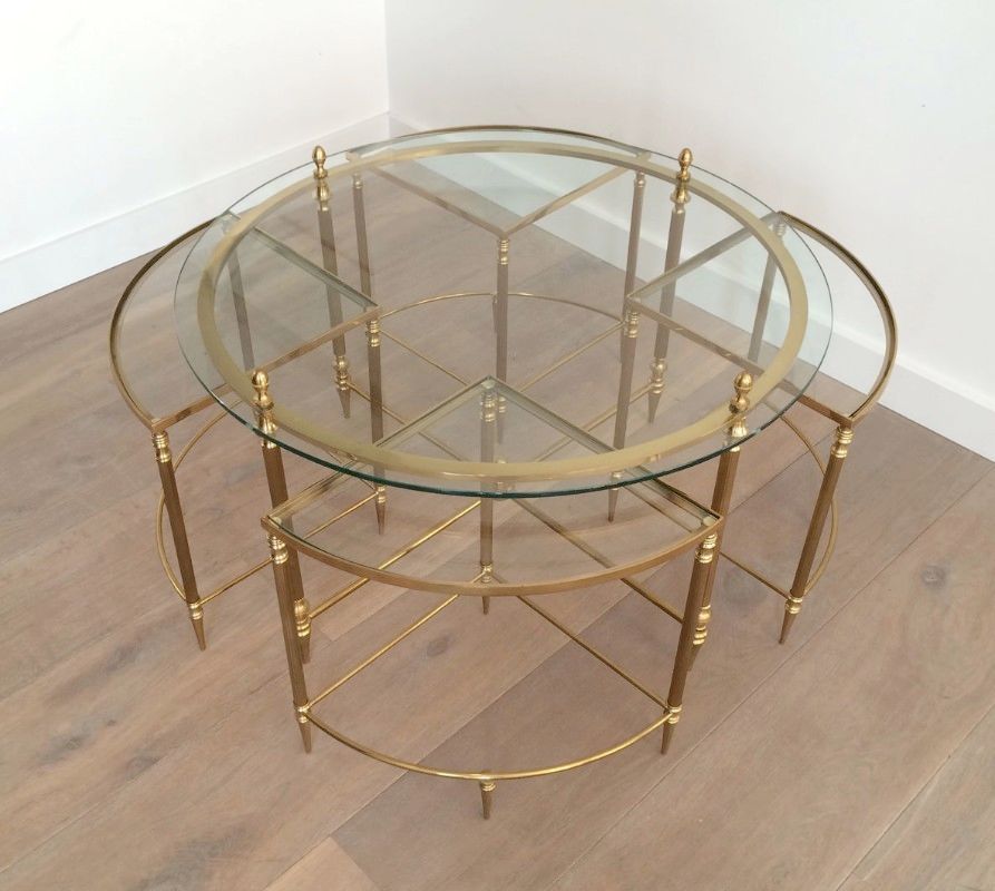Neoclassical Round Brass Coffee Table with 4 nesting Tables by Maison Bagués. Circa 1940