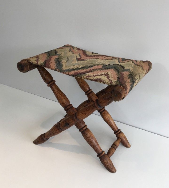 Tabouret Pliant en Bois et Tapisserie