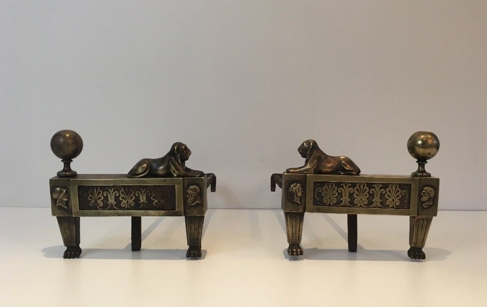 Pair of Empire Period Bronze Andirons with Lions