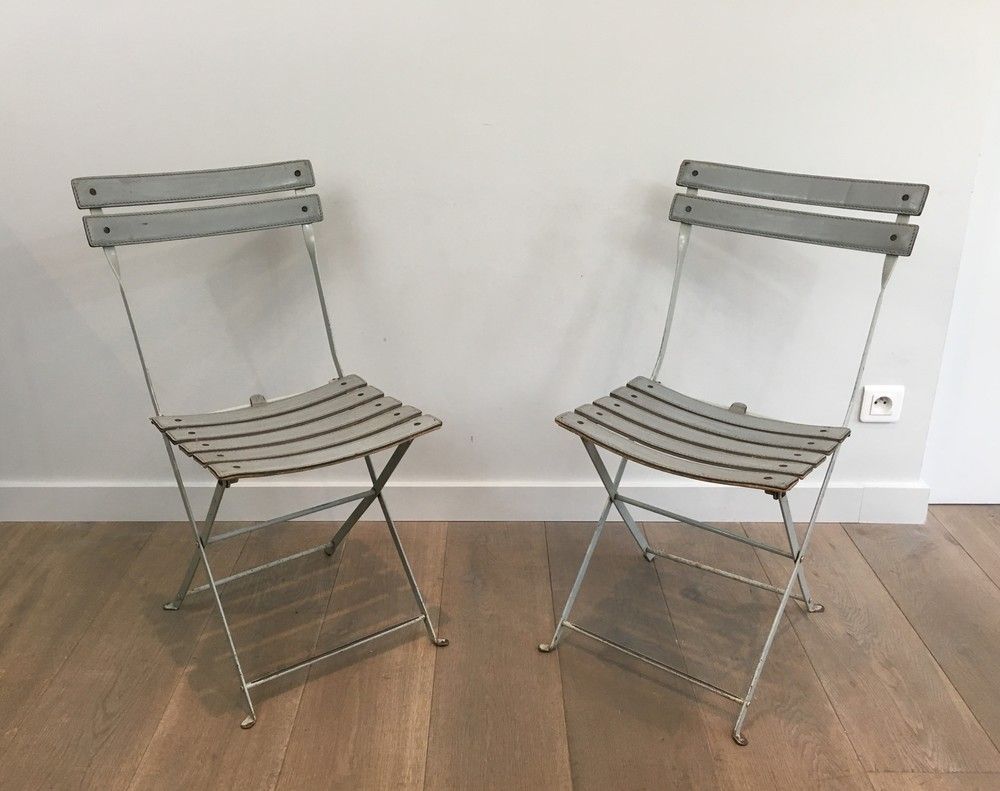 Pair Of Grey Leather And Lacquered Metal Folding Chairs by Zanotta