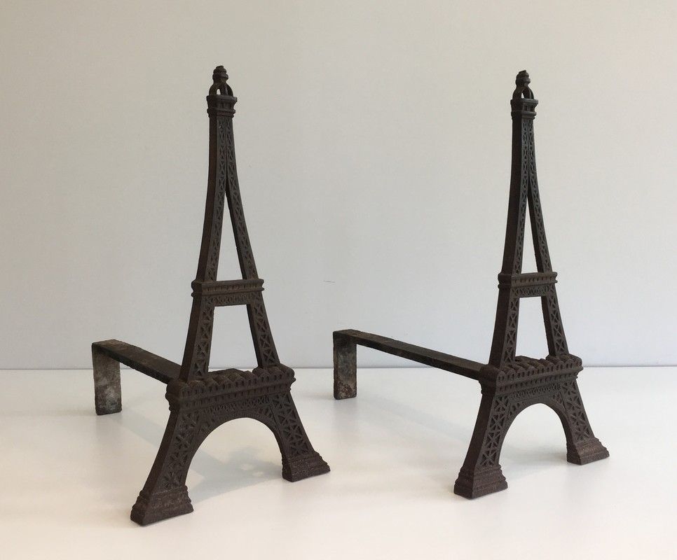 Very Rare Eiffel Tower Cast Iron Andirons