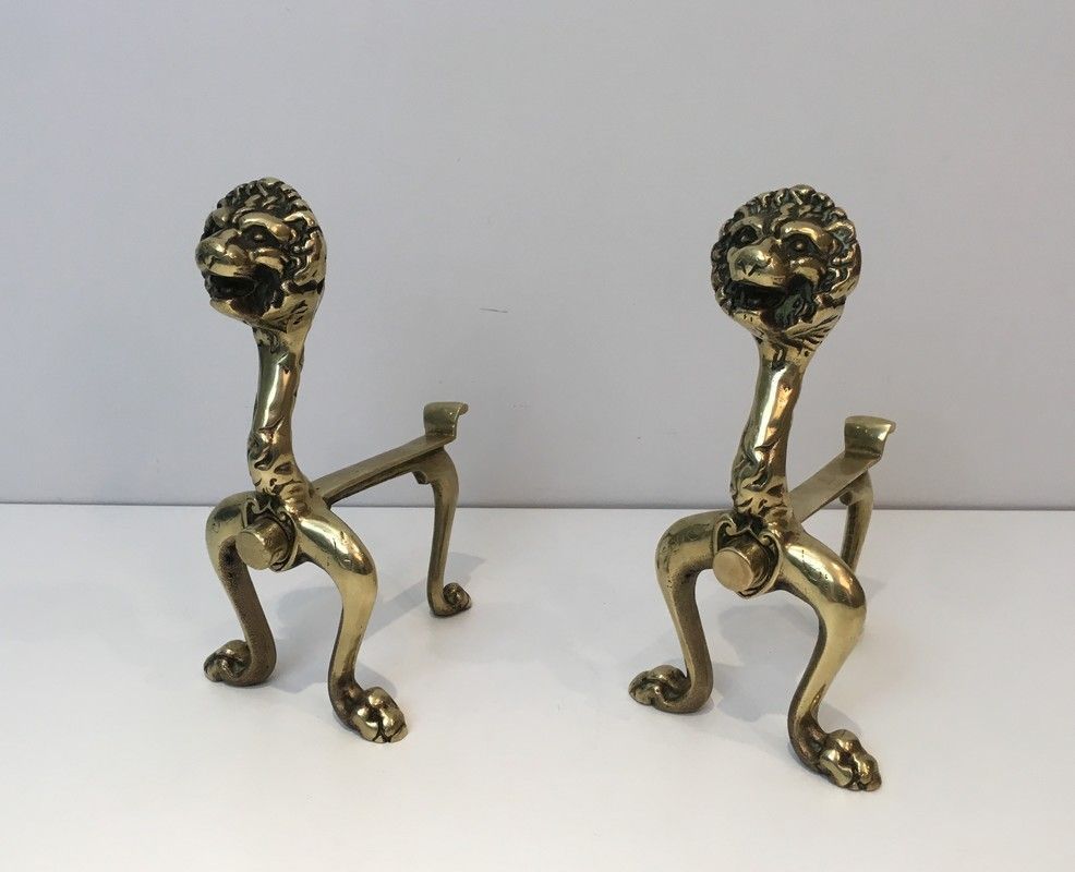 Unusual Pair of Lions Bronze Andirons