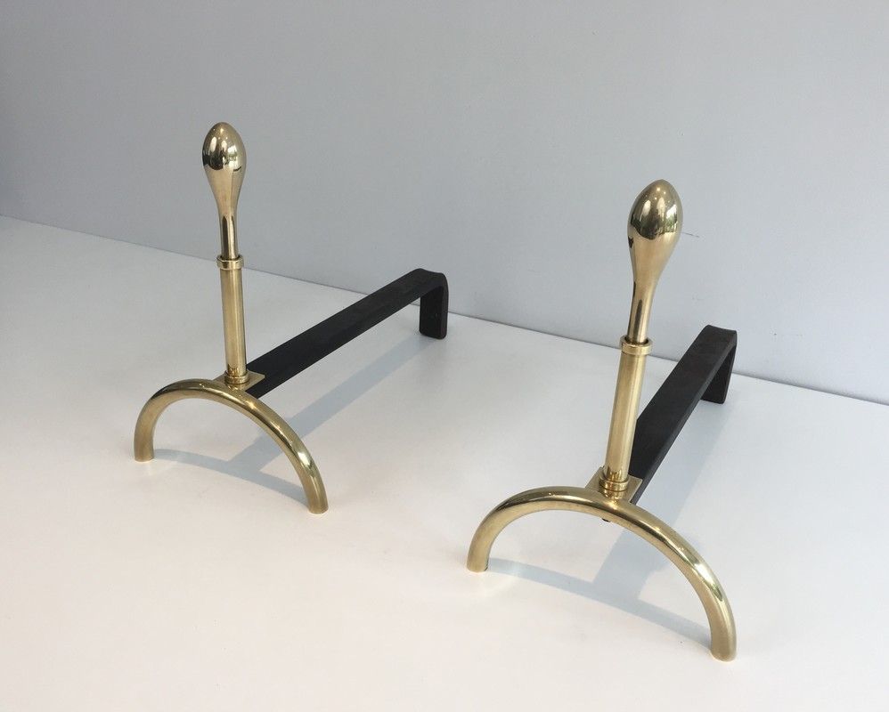 Pair of Neoclassical Style Brass and Iron Andirons