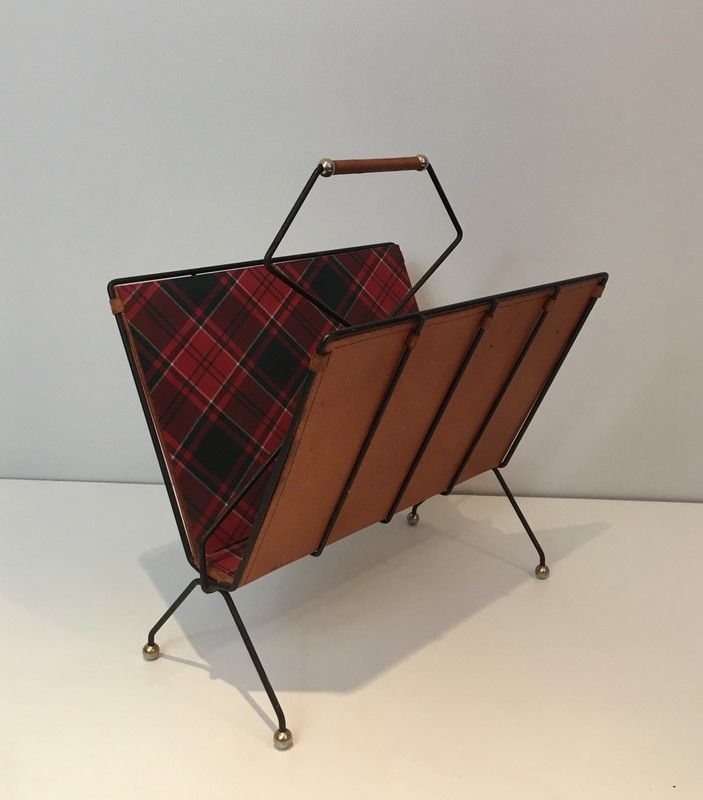 Unusual Black Lacquered Metal, Leather and Square Fabric Magazine Rack