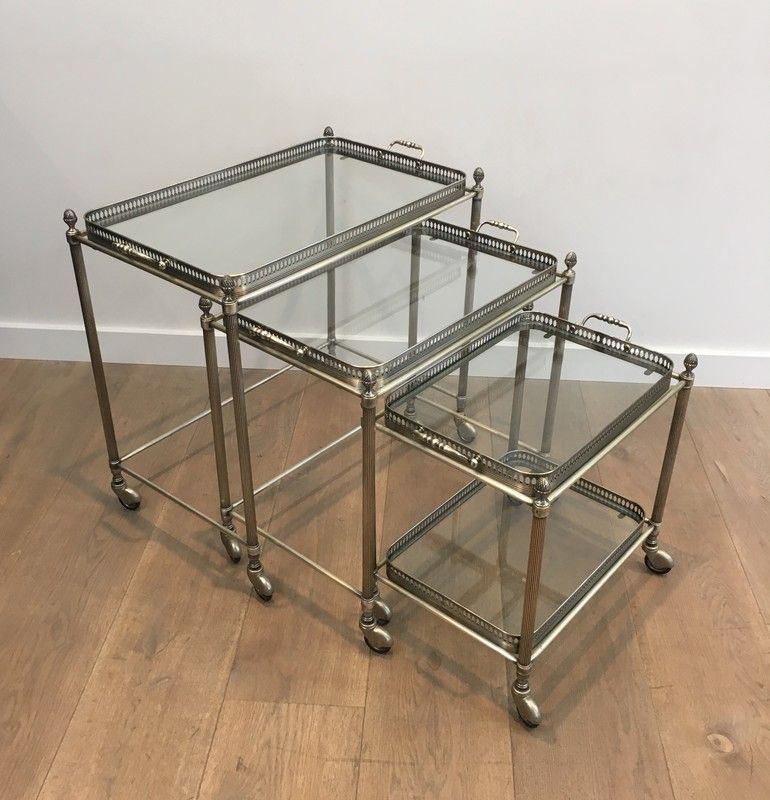 Rare Set of 3 Neoclassical Style Silvered Brass Nesting Tables Drinks Trolleys by Maison Bagués