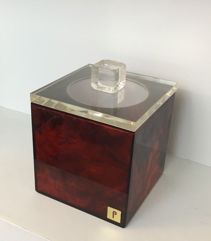 Red and Clear Lucite Ice Bucket