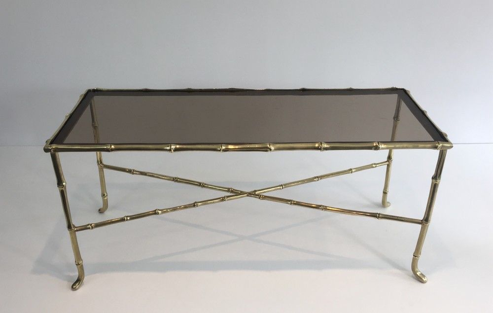 Petite Table Basse façon Faux-Bambou en Bronze et Dalle de Verre Fumée