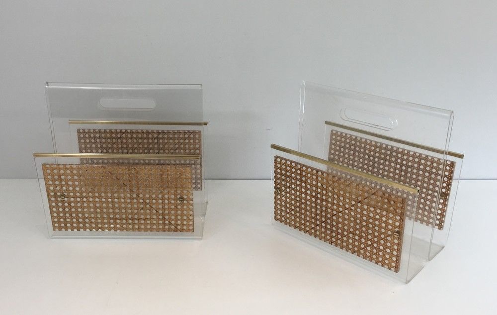 Pair of Lucite, Brass and Encrusted Cane Magazine Racks In the Style of Christian Dior and Gabriella Crespi. Circa 1970