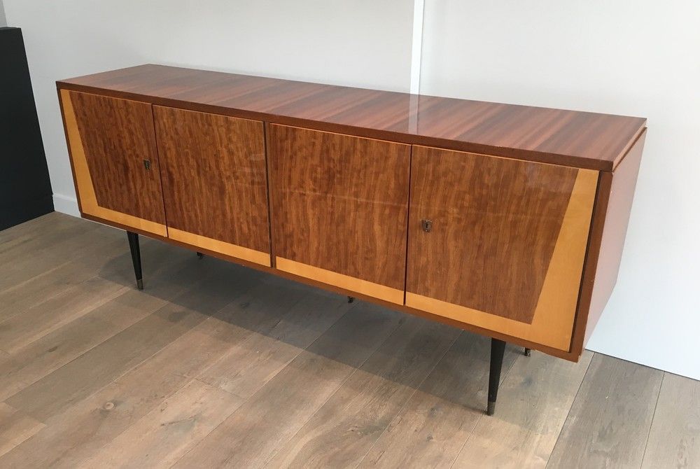 Four Doors Sapelli Mahogany and Sycamore Sideboard on a Black Lacquered Wood Base with Brass Elements