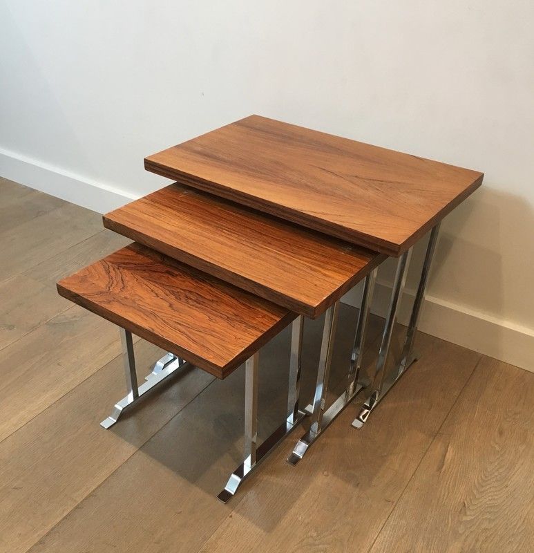 Set of 3 Exotic Wood and Chrome Nesting Tables