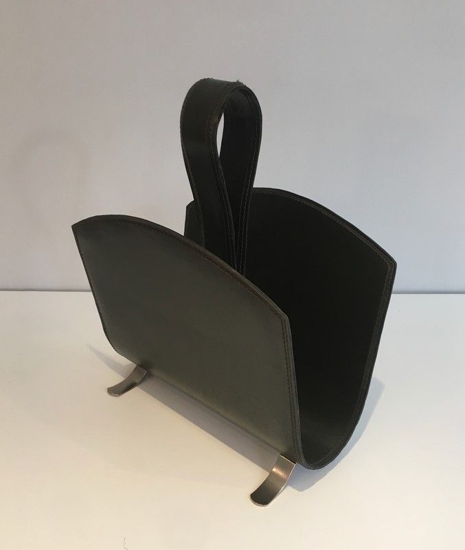 Green Leather Magazine Rack on a Brushed Steel Base