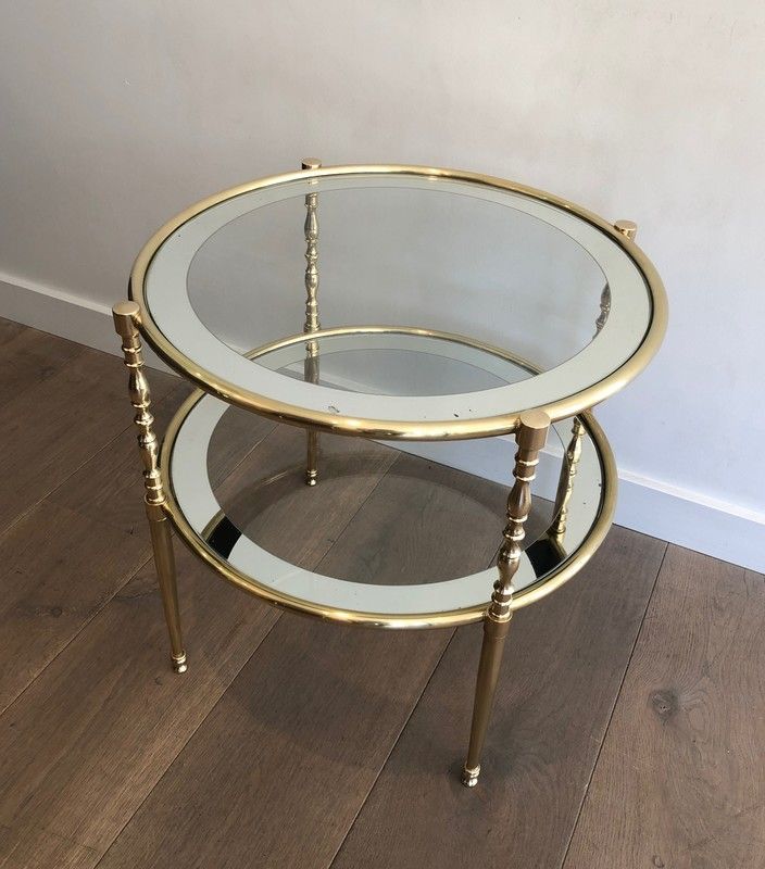 Petit Guéridon Rond en Laiton à Plateaux de Verre Entourés de Miroir Argenté