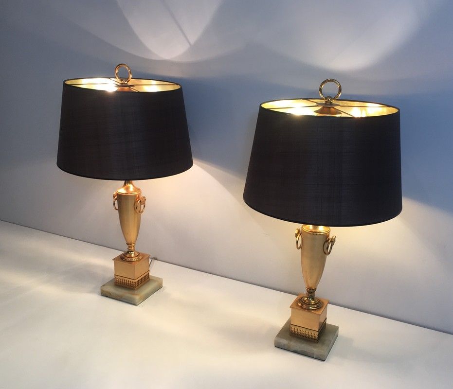 Paire de Lampes Dorées de Style Néoclassique sur Socle d'Onyx