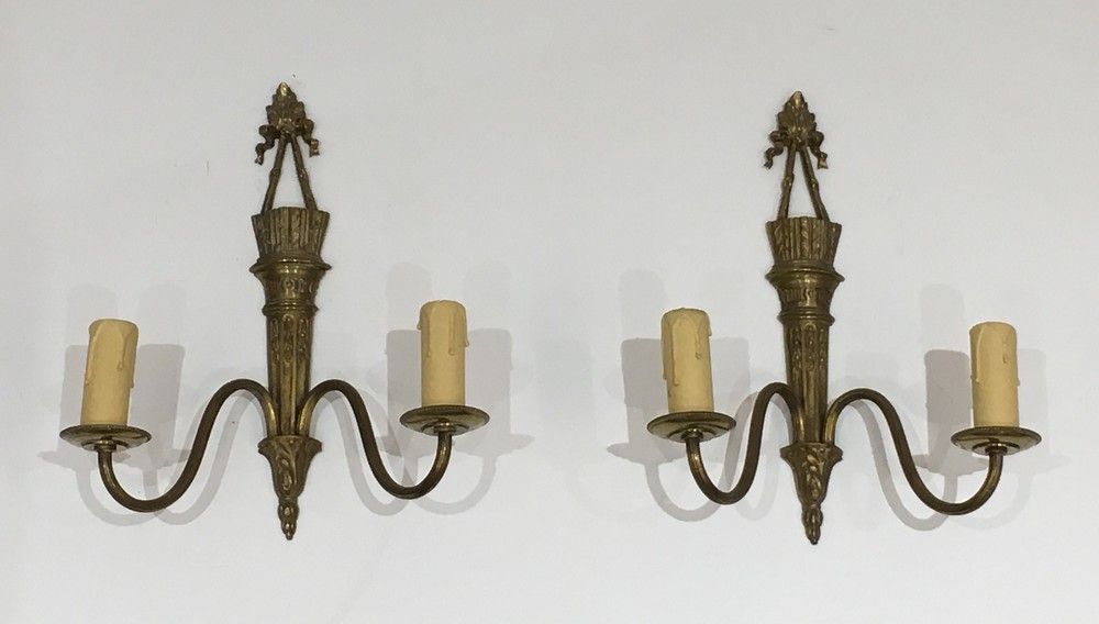 Pair Of Louis The 16th Style Bronze Wall Sconces With Quiver And Ribbons