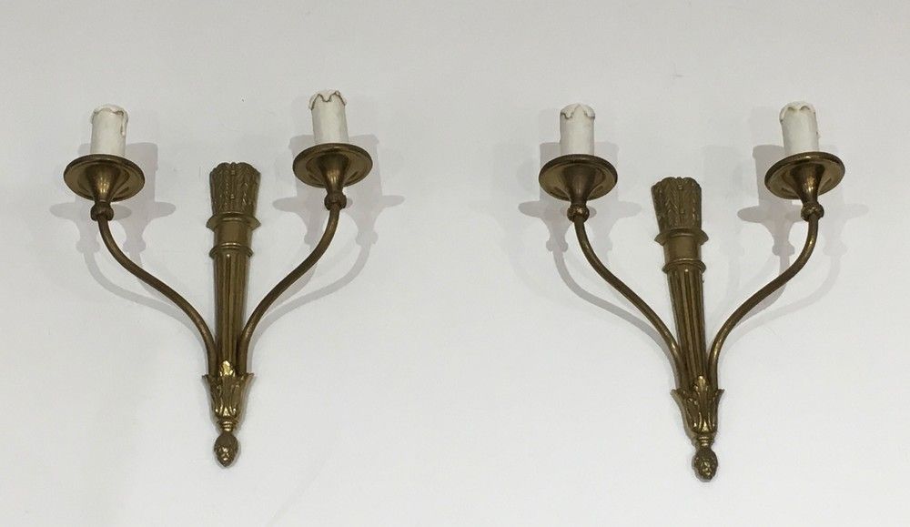 Louis The 16th Style Pair Of Bronze Wall Sconces With Quiver