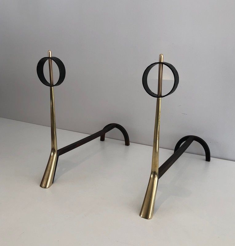 Pair of Modernist Bronze and Wrought Iron Andirons