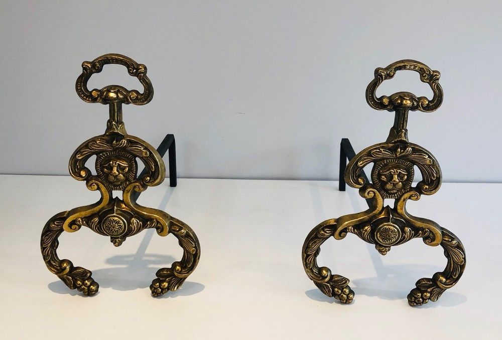 Pair of Neoclassical Style Bronze and Wrought IronAndirons with Lions Faces