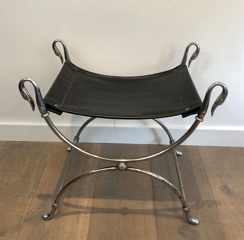 Neoclassical Style Silvered Steel Curulle Stool with Swan Heads by Maison Jansen