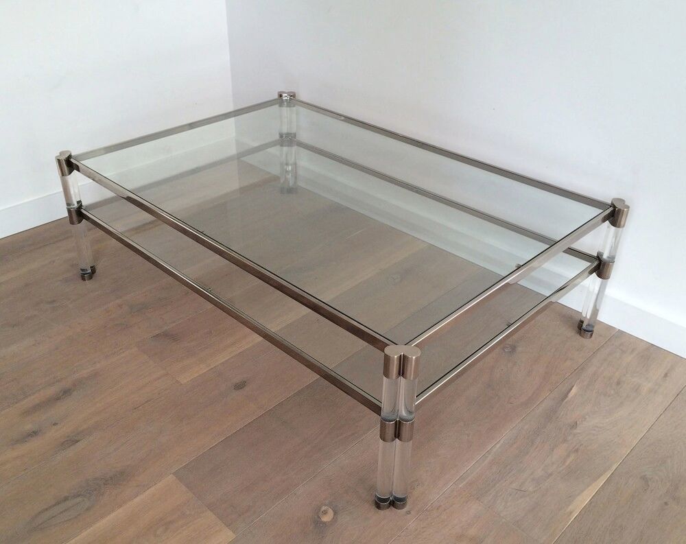 Large Lucite and Chrome Coffee Table with 2 Glass Shelves