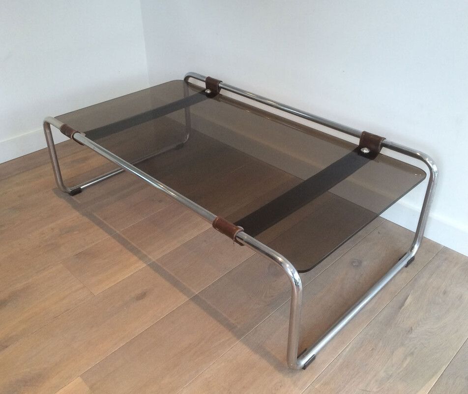 Chrome, Leather and Smoked Glass Coffee Table