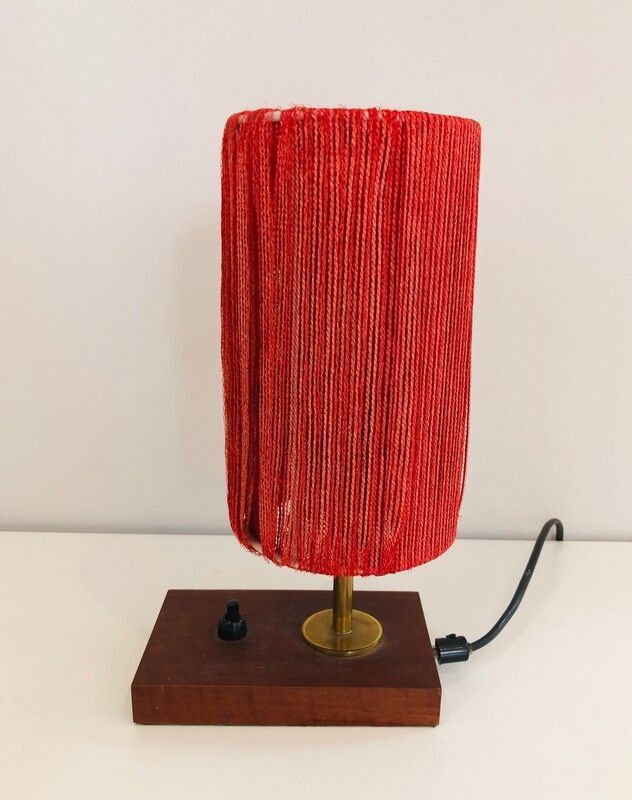 Small Wood, Brass and Wool Table Lamp